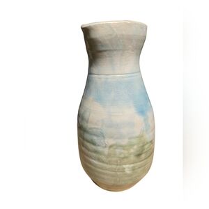 studio art pottery vase soft pastels of green,blue and cream signed